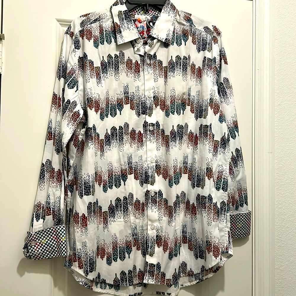 Robert Graham White San Antonio Button Front Pixel City Print Shirt L